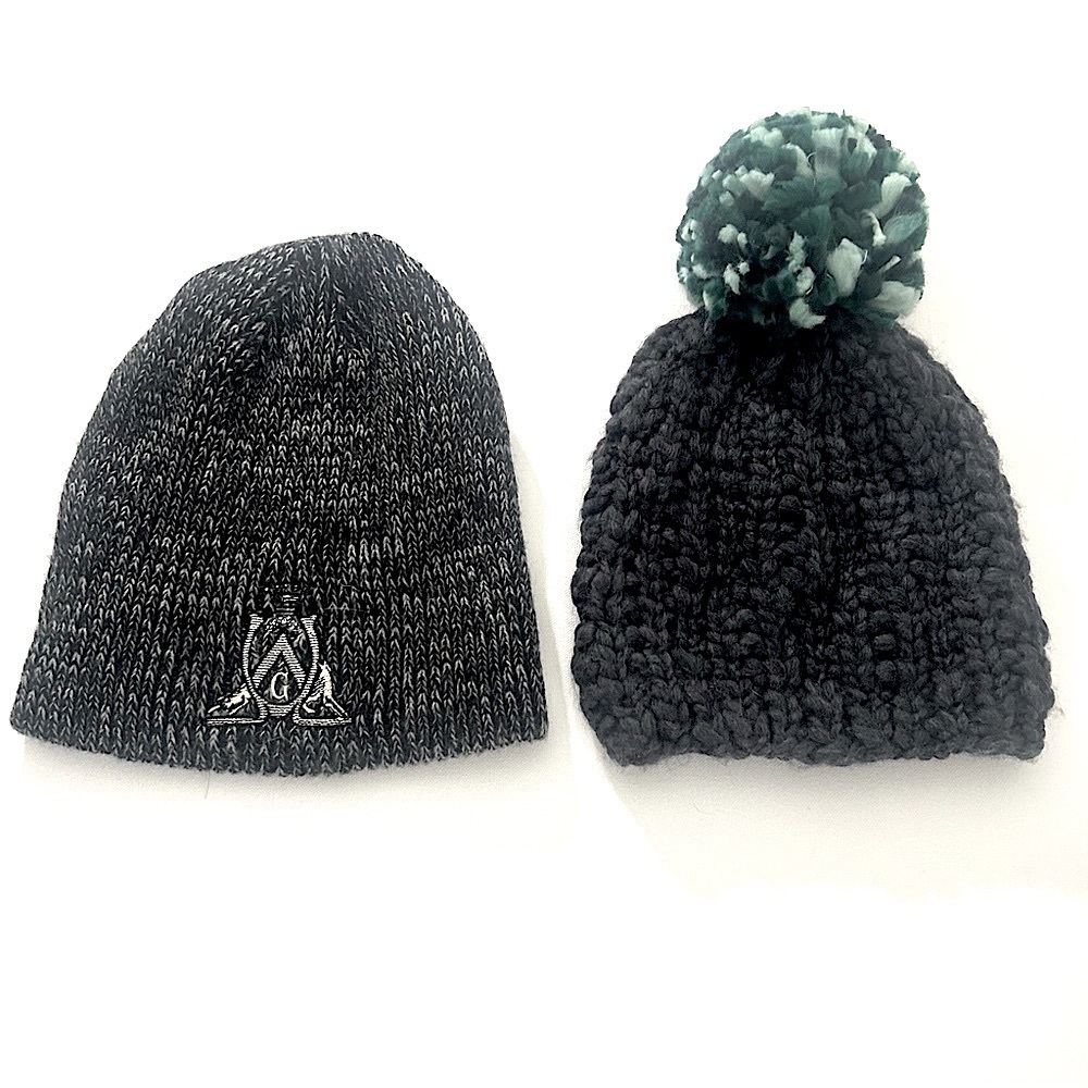 🍀 3 for $25 Set 2 Beanie Head Warmers Grey Black Embroidered Gruet Eddie Bauer